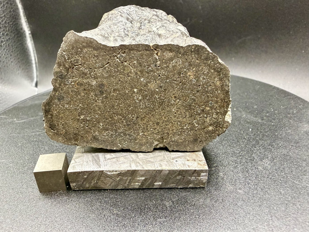 Cut face view of NWA 17920 CK6 carbonaceous chondrite meteorite showing recrystallized matrix, 279.83g