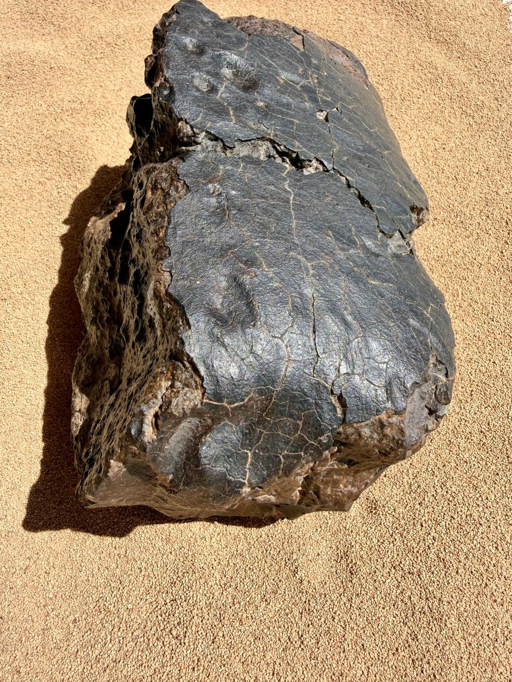 Full view of the NWA 18501 LL6 ordinary chondrite individual showing the crusted face, regmaglypts and weathered desert rind, 6183g.