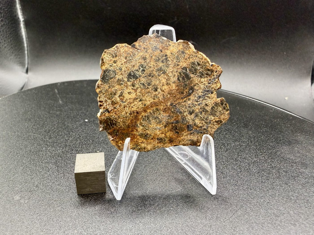 NWA 18591 diogenite meteorite, 6.57g full slice front face beside a 1cm scale cube