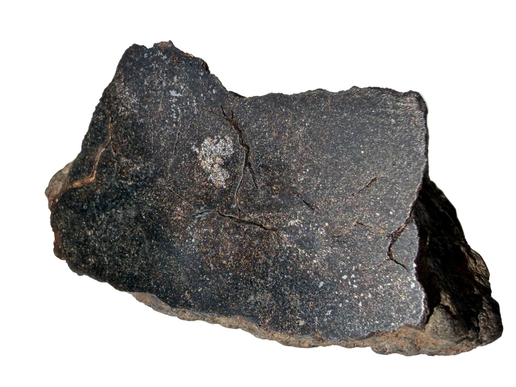 NWA 18593 winonaite meteorite, 279.74 g end cut, mirror polished face with metallic grains and weathering fractures, on a white background