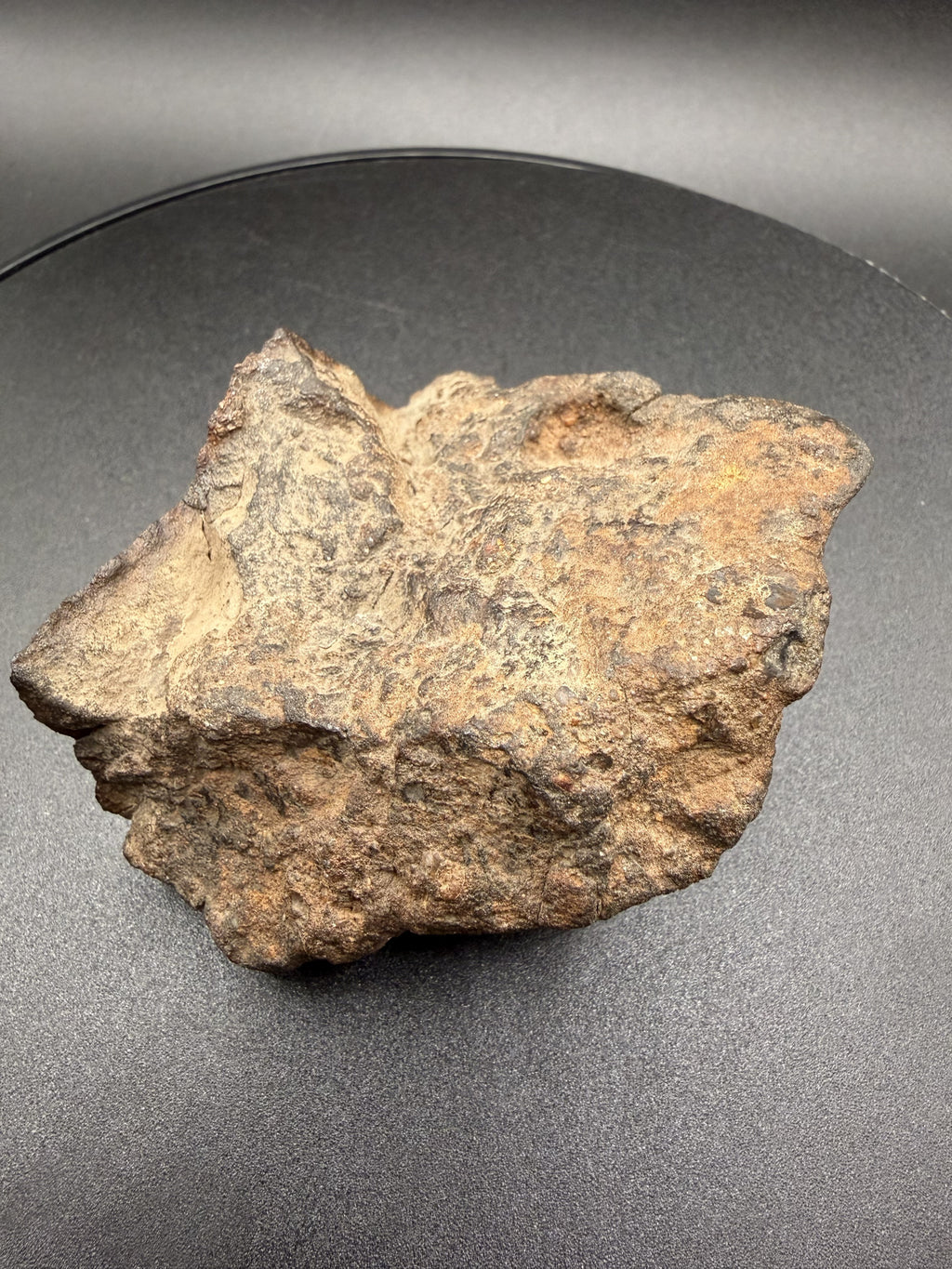 NWA 18593 winonaite end cut viewed from above, showing the weathered natural exterior