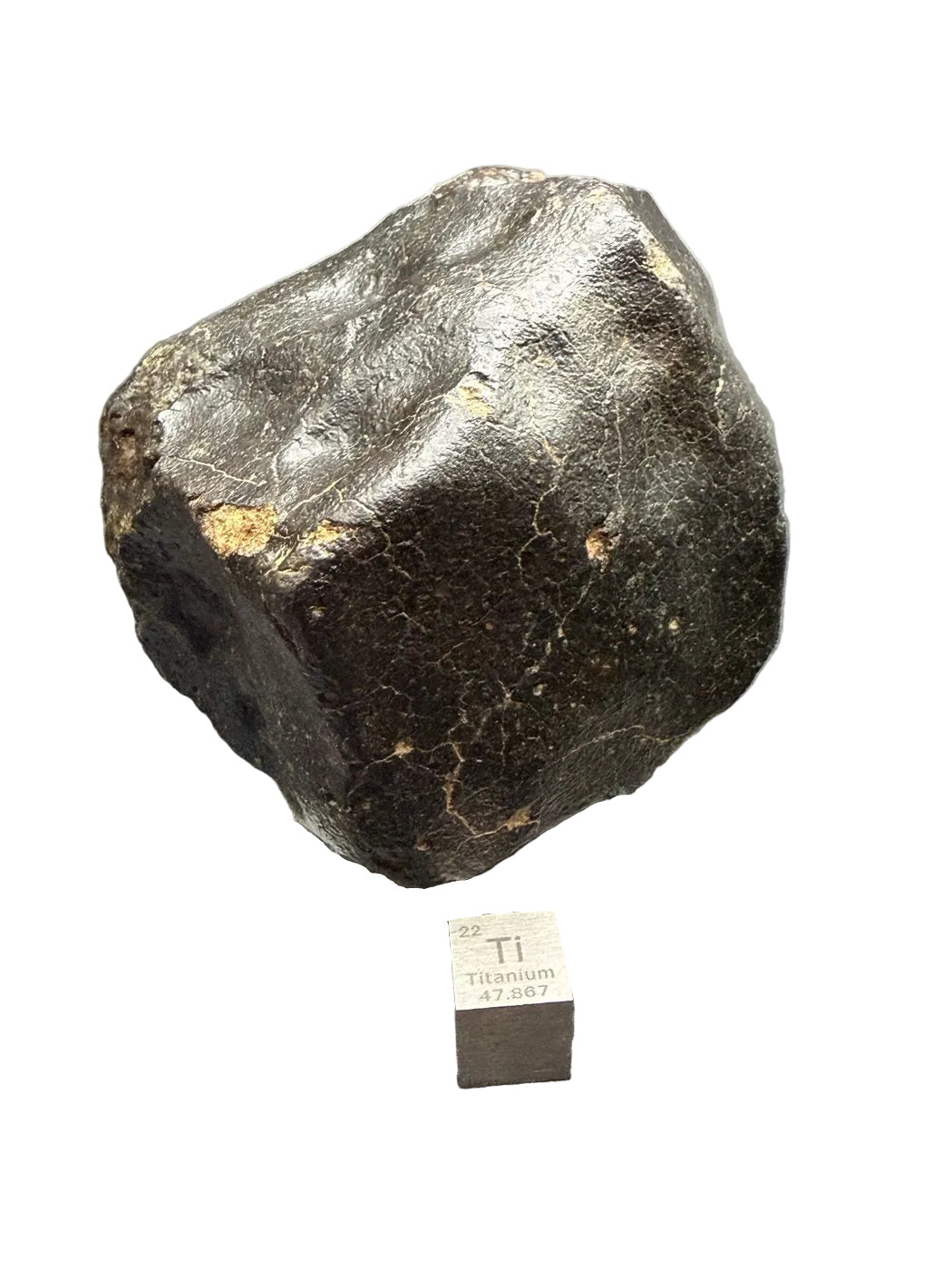 Fully crusted NWA XXX unclassified ordinary chondrite meteorite individual with fresh black fusion crust and contraction cracks, 392.28g