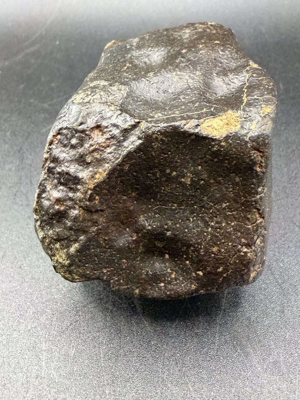 View including the small area of secondary fusion crust, NWA XXX unclassified ordinary chondrite, 392.28g