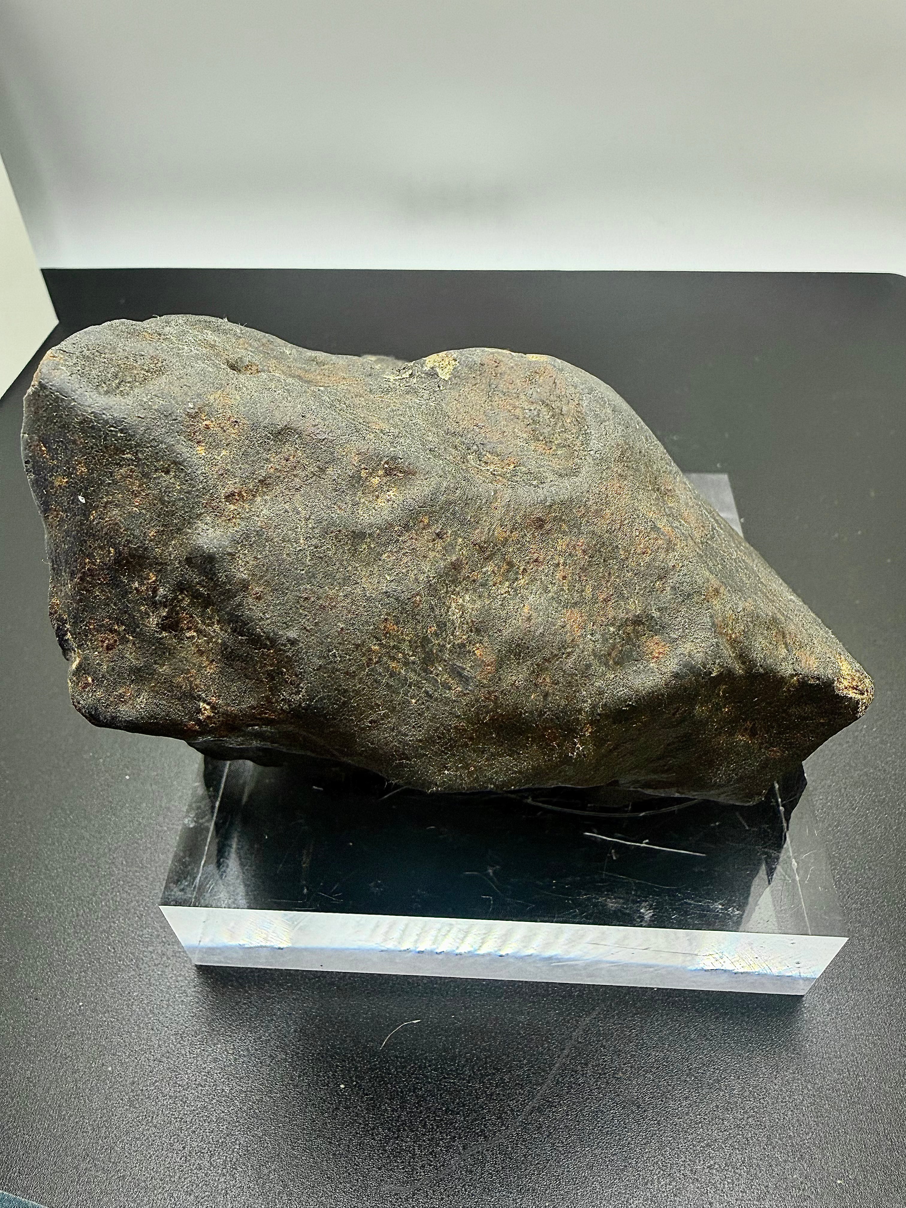 Top view of NWA XXX unclassified ordinary chondrite meteorite showing fusion crust coating and aerodynamic dorsal profile, 1091.71g