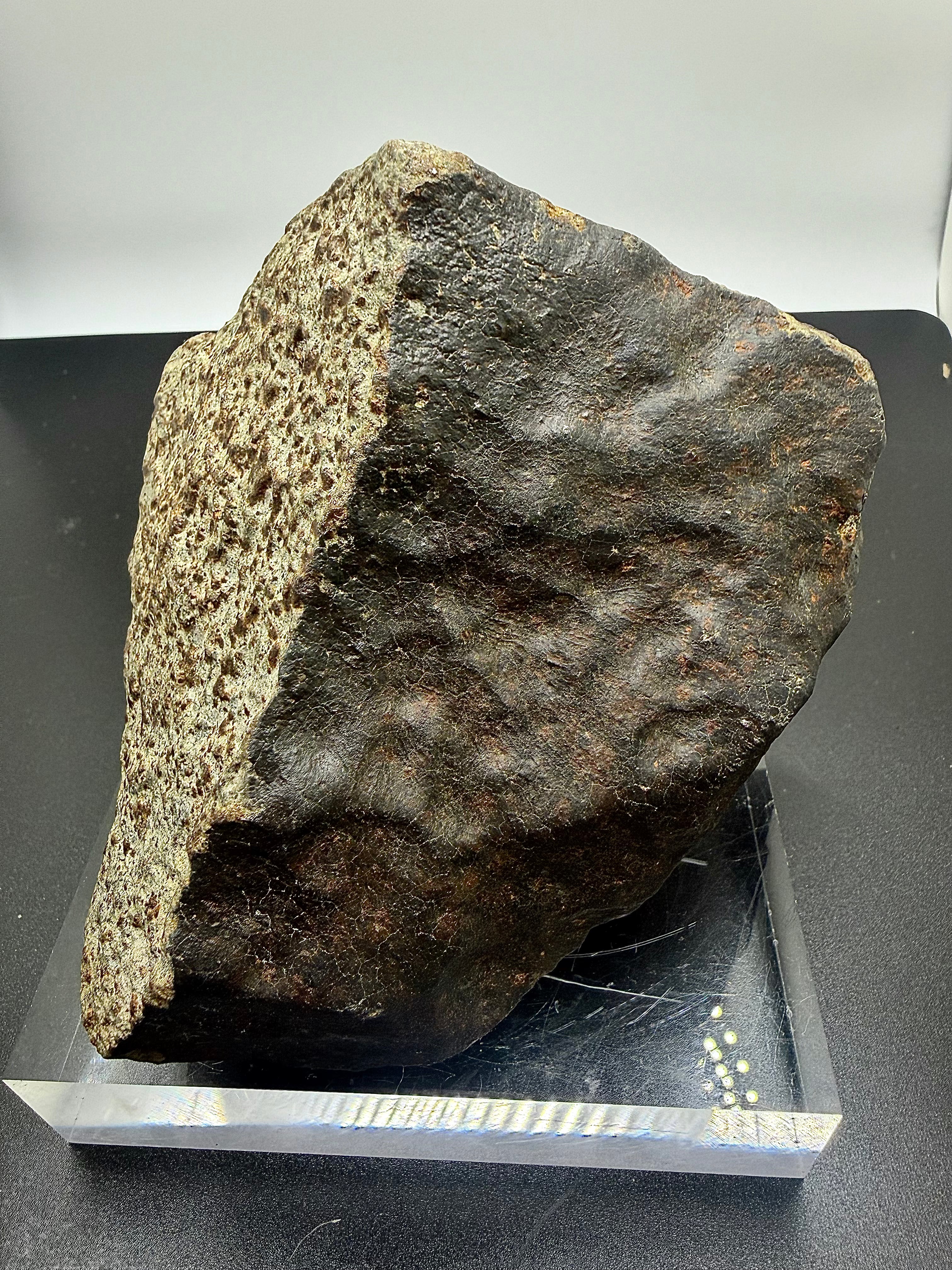 Hero display of NWA XXX unclassified ordinary chondrite meteorite oriented individual showing fusion crust and cut window, 1091.71g