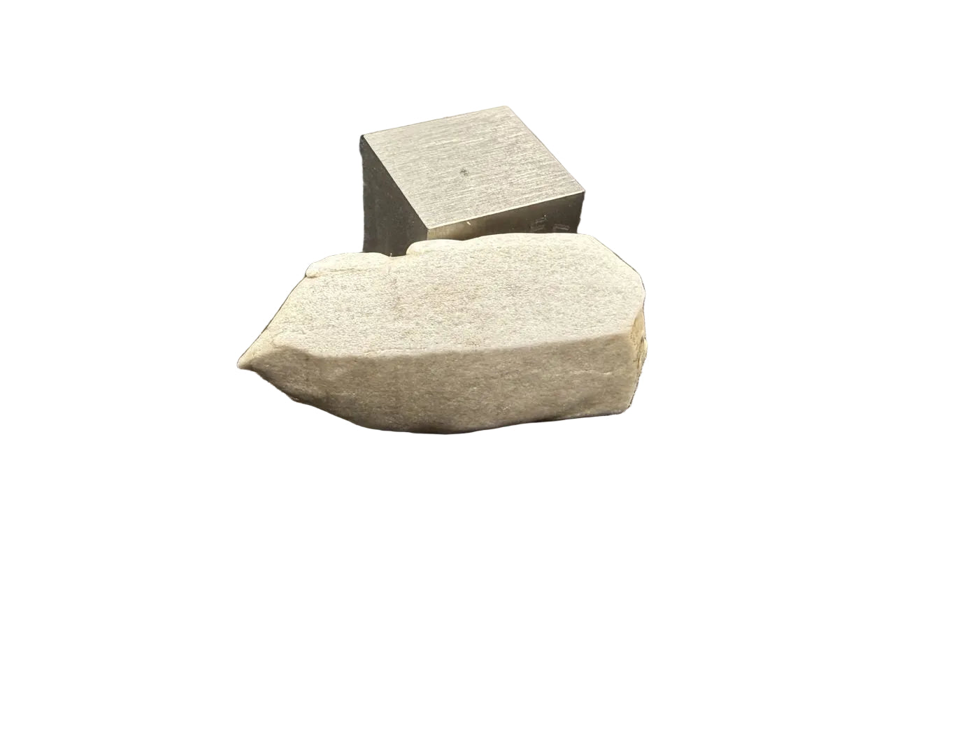 Sebkha el Melah 001 aubrite, 2.51g individual enstatite crystal beside a 1cm titanium scale cube on a white background