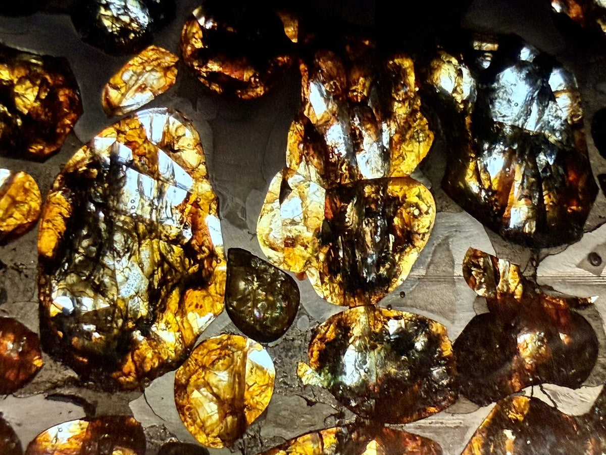 Close detail of gemmy green and orange olivine grains in the Sericho pallasite slice