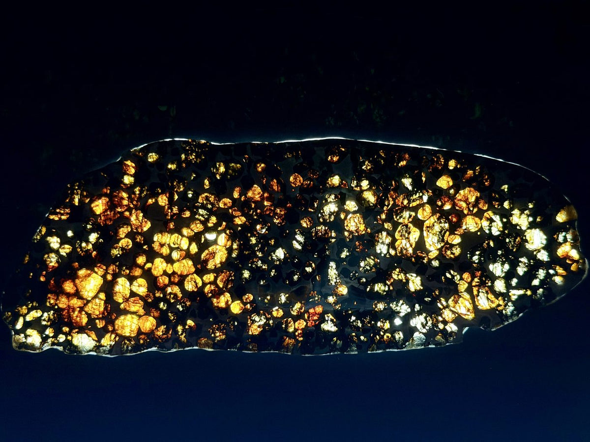 Sericho pallasite olivine grains lit from behind, showing translucency through the crystals