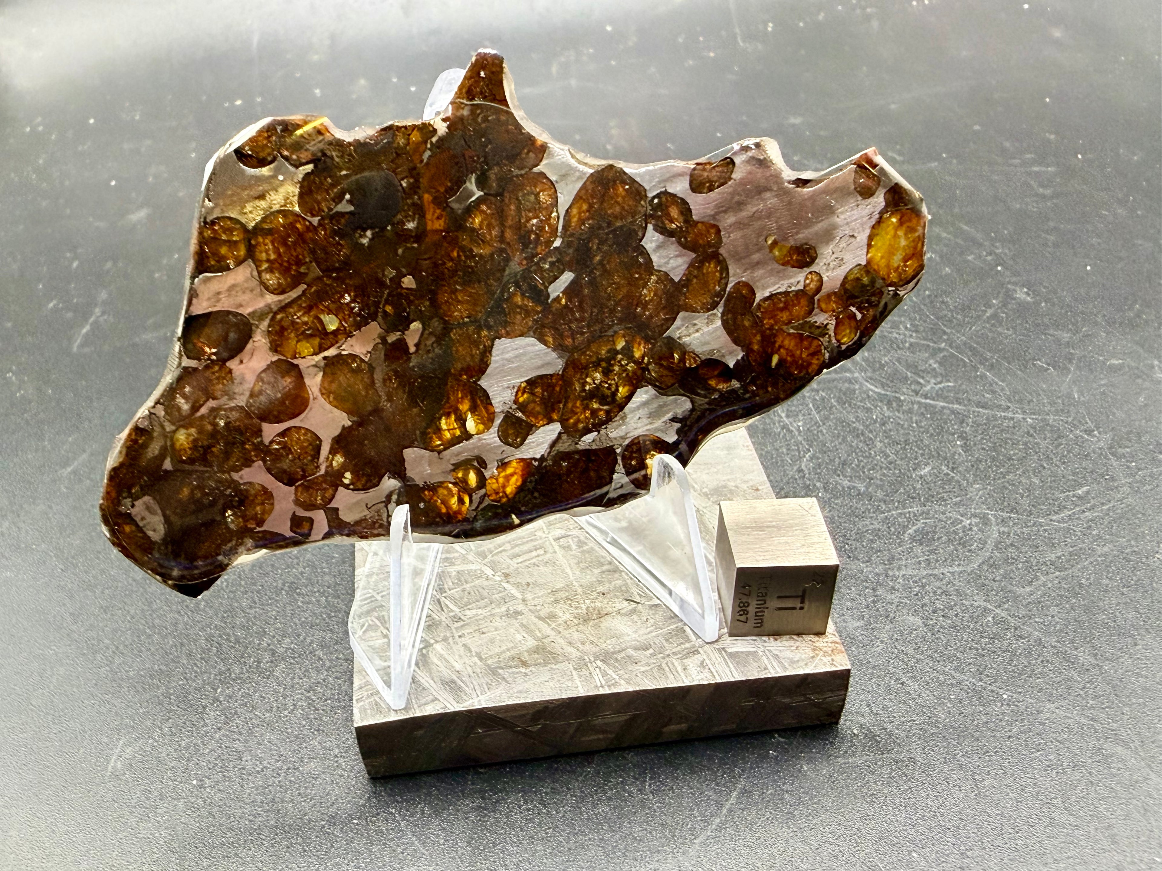 Angled view of Sericho Pallasite Meteorite slice on Muonionalusta display base showing olivine distribution in iron-nickel matrix with titanium scale cube, 17.39g