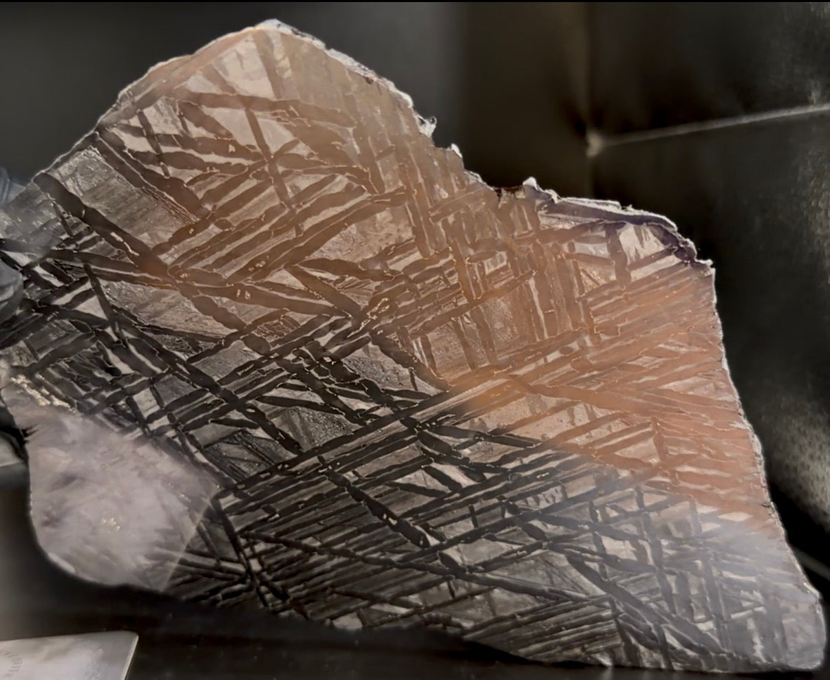 Seymchan pallasite 591g full slice Widmanstätten pattern under direct light showing kamacite and taenite banding