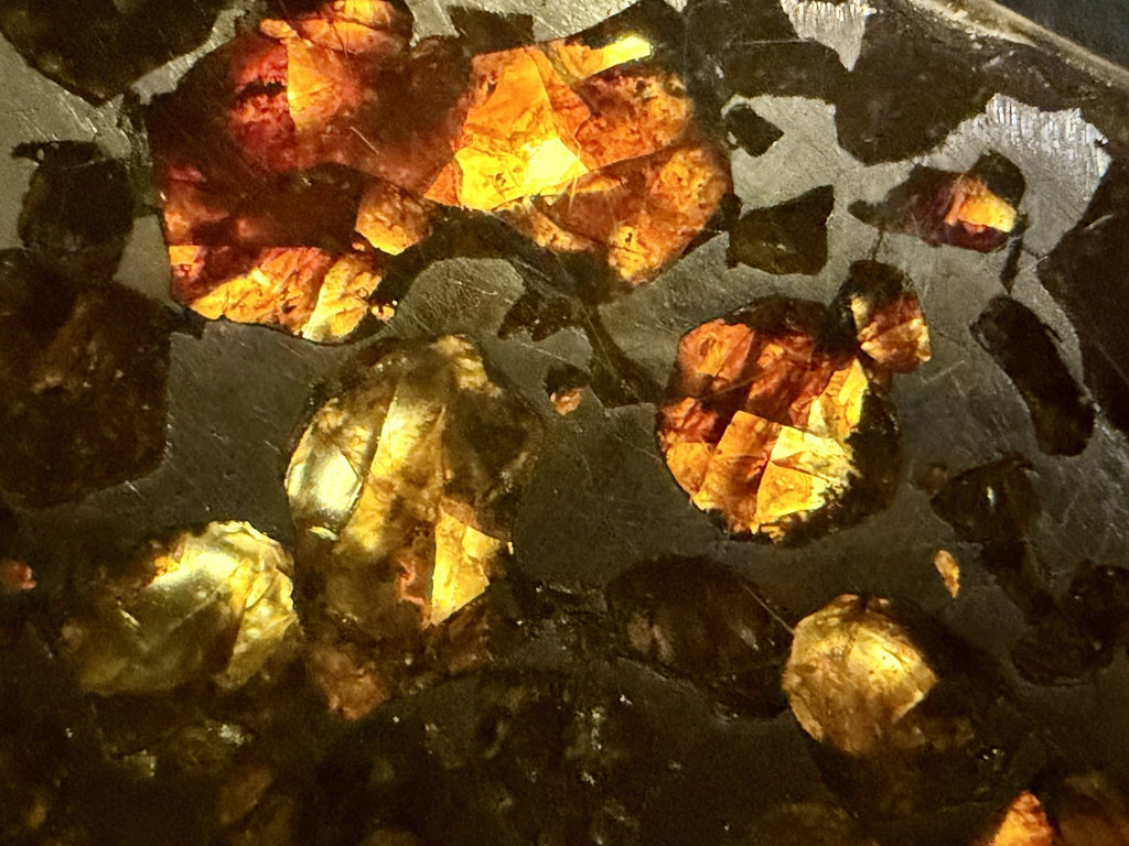 Seymchan pallasite, macro detail of orange and amber olivine against polished metal