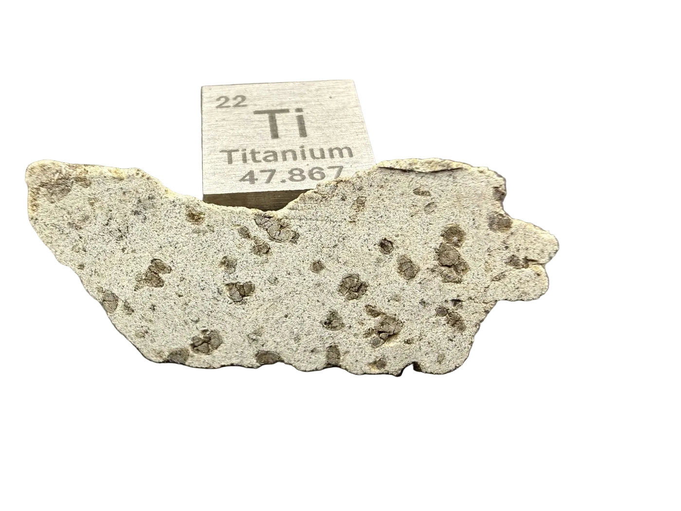 Tarkint 001 Martian meteorite 1.27 g full slice, cut face with olivine phenocrysts, titanium cube for scale